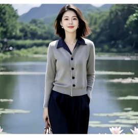 复古港风女装时尚百搭气质撞色针织衫+松紧腰后腰阔腿裤套装
