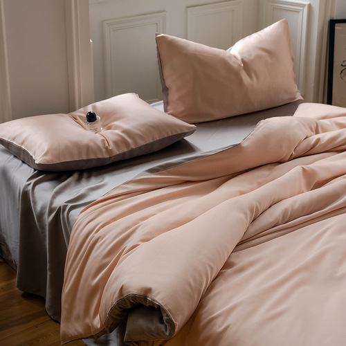 60S Lenzing Tencel four-piece set simple solid color silky cool bed sheet quilt cover sleeping naked ice silk bedding summer 4