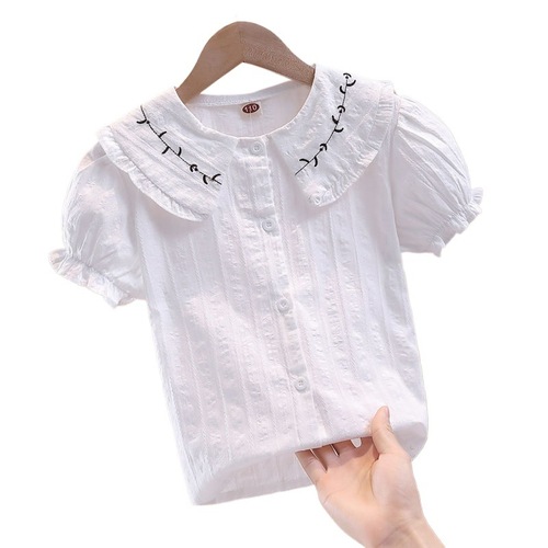 Girls' summer clothing: short-sleeved pure cotton white shirt, thin summer style for primary school students, with bow collar tops and performance half skirts