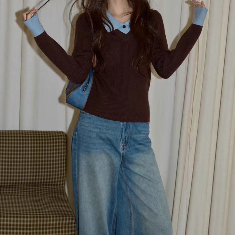 Autumn and Winter Brown Right Shoulder Slim Fit Pullover Knitwear Niche Women's Polo Collar Bottoming Knitwear Long-Sleeved Top