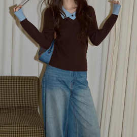 秋冬棕色正肩内搭修身套头毛衣小众女polo领打底针织衫长袖上衣