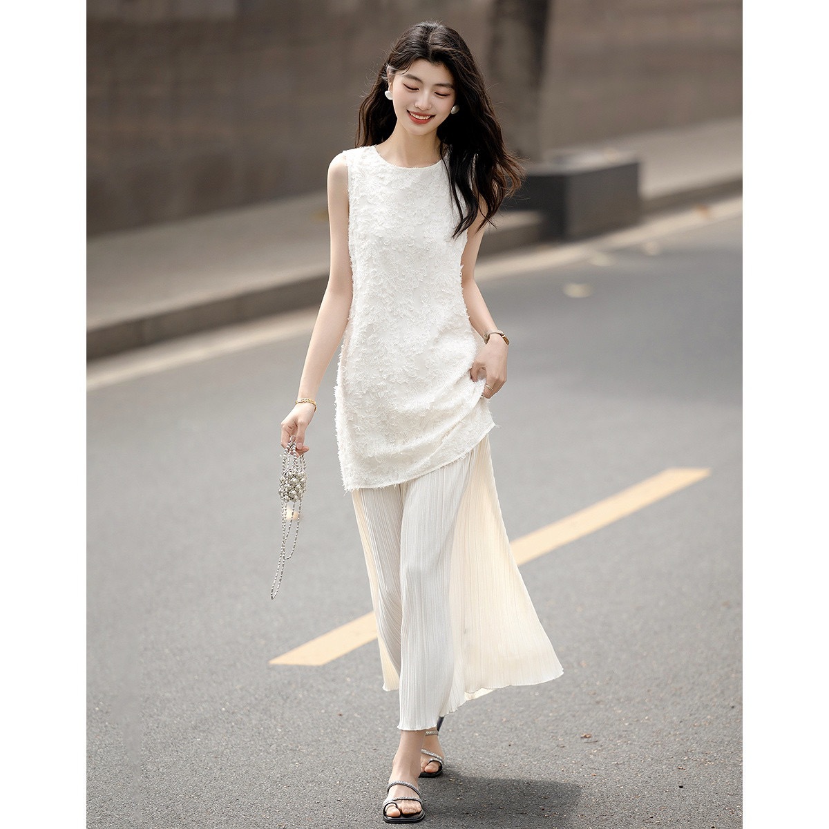 Đầm suông midi nữ kiểu Hàn Quốc tay ngắn xếp ly thẳng — hồng chi tiết 1