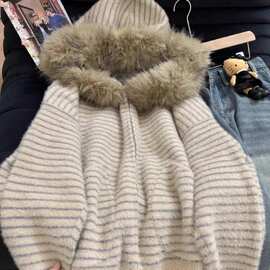 韩系连帽毛领蓝杏条纹仿水貂绒毛衣女冬季宽松慵懒加厚拉链上衣