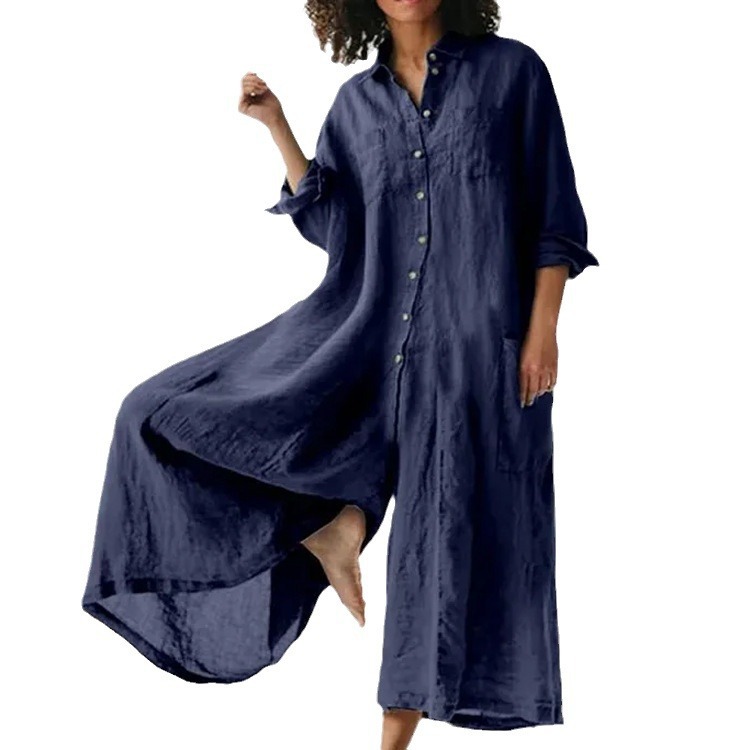 Women's Solid Color Casual Long Sleeved Jumpsuit Mid Length Cotton Linen Blend_ecoleips.com