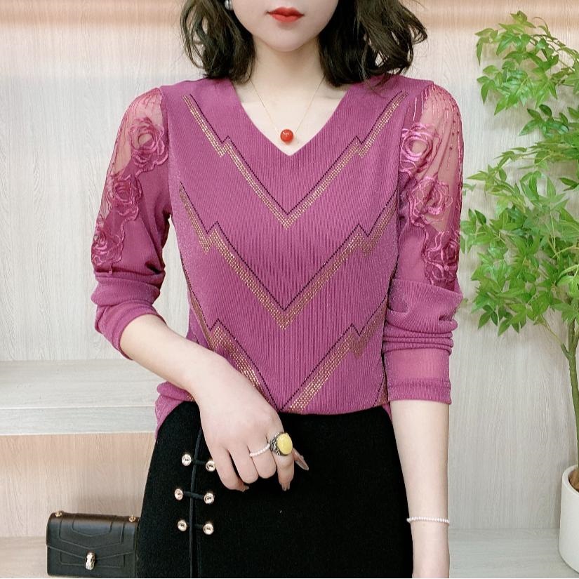 New Spring Style Fashionable V-Neck Rhinestone Top, Versatile Solid Color, Elegant Feminine Fit, Slimming