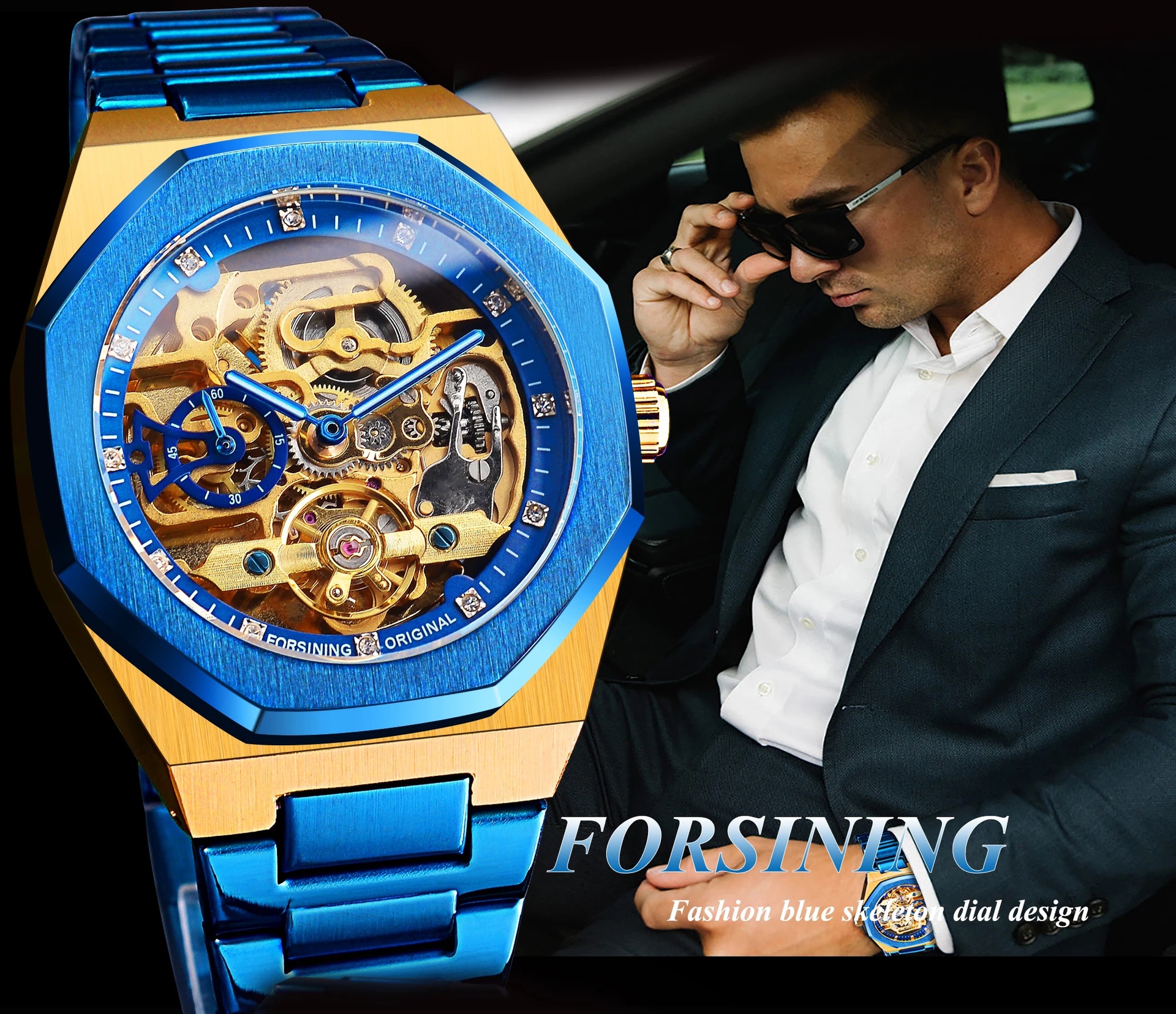 Forsing men's high-end fully automatic mechanical watch, blue steel band watch, tourbillon waterproof watch_voghion.com