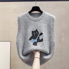 针织坎肩马甲韩版经典刺绣小猫时尚宽松背心秋冬叠穿毛衣时尚百搭