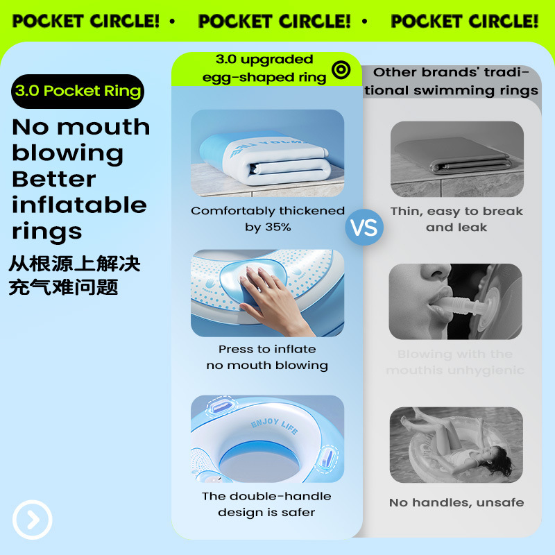 子供用浮き輪の両手を入れる大人二重PVCは屋外水泳浮き輪の携帯ポケットリングを厚くします。|undefined