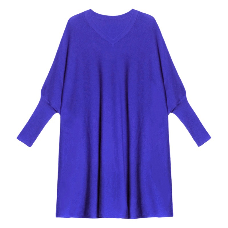 Europeo con cuello en V suéter de punto vestido para las mujeres primavera y otoño nueva suelta adelgazamiento Batwing manga color sólido bottoming superior venta al por mayor