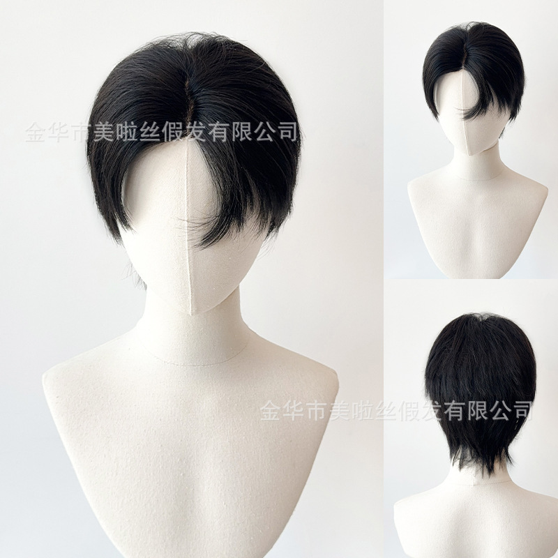 Cross-Border Hot-Selling Men's Lace Front Short Black Wig for Everyday Wear, Breathable Full Head Wig with Micro-Detailed Bangs