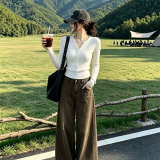 通勤休闲两件套女 坑条V领针织衫复古咖色垂感阔腿裤秋装