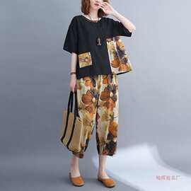 妈妈夏装新款女士套装棉质2025宽松显瘦大码女装印花九分裤两件套