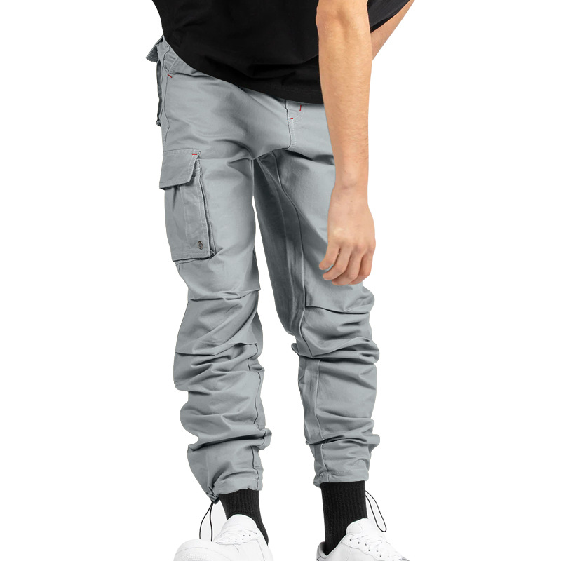 Herrenbekleidung Gewebte Stoffhose mit Kordelzug und mehreren Taschen, einfarbig, lässige Arbeitshose_voghion.com