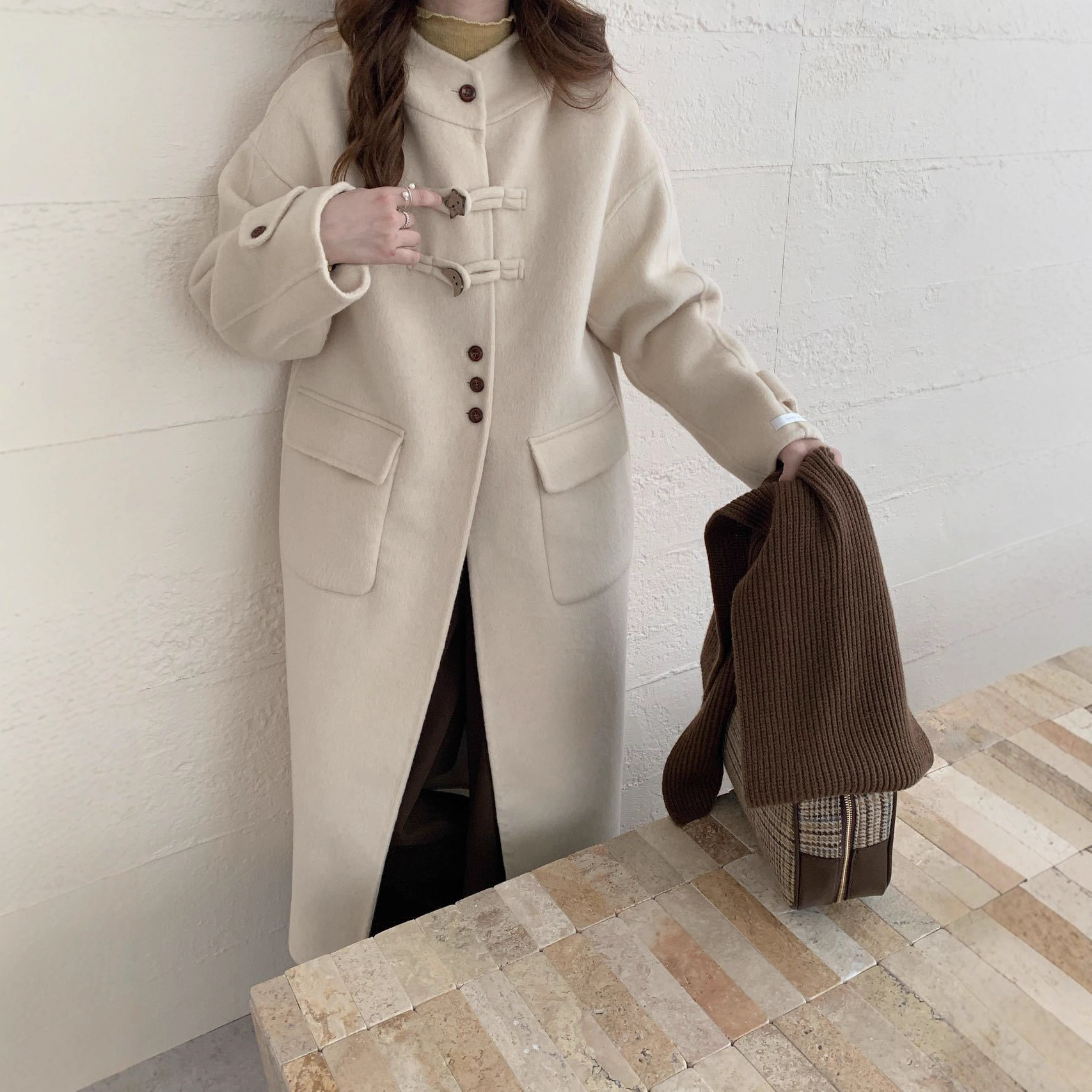 2025 College Style Hooded Wooden Button Korean Version Loose Double-Sided Wool Coat Women's Long Woolen Jacket Casual Versatile