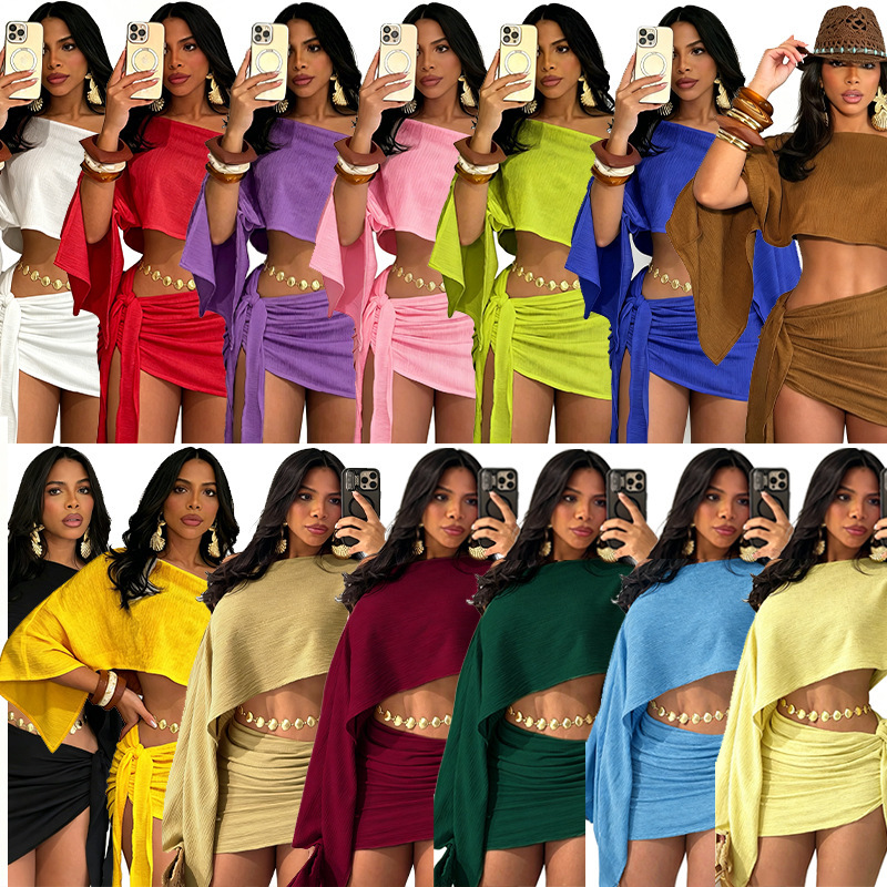 A740 Fashionable, Elegant, and Sexy Seaside Resort Style Breathable Off-Shoulder Top with Tie-Up Hip-Hugging Short Skirt Set