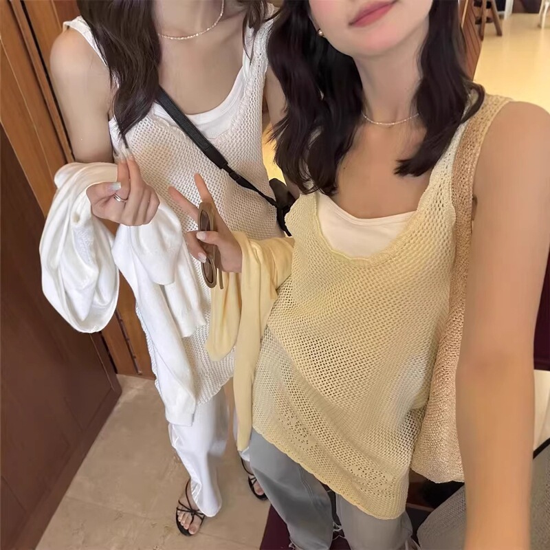 Korean-Style Petite Lace Hollow-Out Tank Dress for Women, Summer Mid-Length Layered Knit Cover-Up Top Korean-Style Petite Lace Hollow-Out Tank Dress for Women, Summer Mid-Length Layered Knit Cover-Up Top