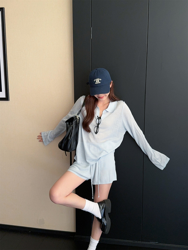 慵懒风宽松纯色翻领长袖T恤女早秋显瘦套装休闲裤阔腿短裤两件套|undefined