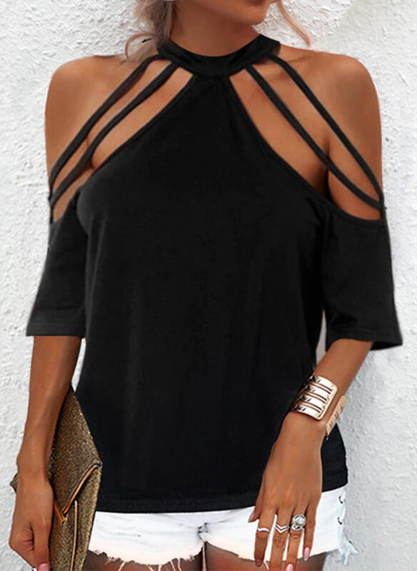 Spot 2023 autumn new solid color shoulder 5 sleeve Cold Shoulder Sleeve casual top