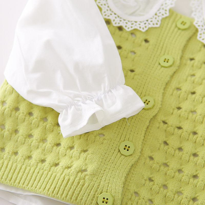 Ensemble trois pièces pour fille, pull à col brodé, gilet, printemps et automne, élégant et décontracté_voghion.com