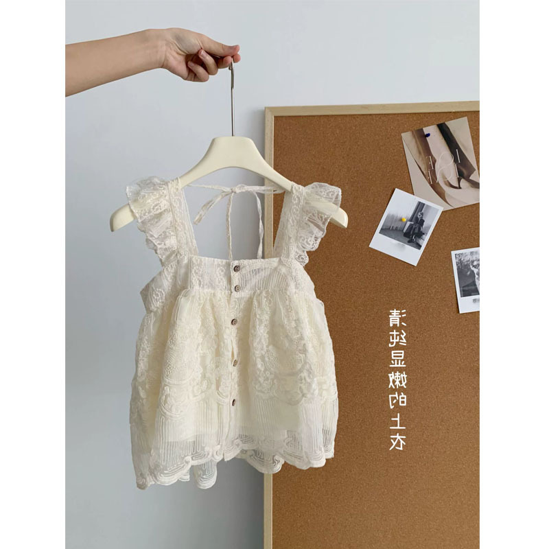 Lace Small Strap Pure Desire Top Women's 2024 Summer Design Niche Square Collar Sleeveless Outer Wear Sweet Small Shirt