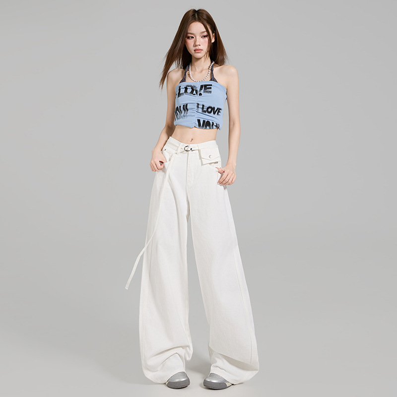 Milk Yellow Waist Bag Wide Leg Jeans Women's Summer New American Style High Waist Loose Dosing Straight Scimitar Pants