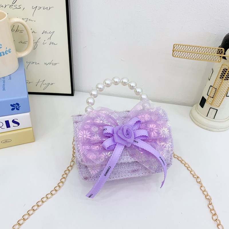 Bolso de lazo para niños Bolso de mensajero de flor de rosa de verano Bolso de princesa portátil de perlas para niñas Monedero de fragancia pequeña