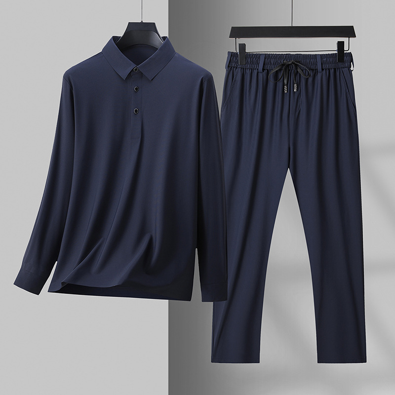 Ice Silk Seamless Men's Casual Sports Suit for Middle-Aged Dads, Men's Casual Business Long-Sleeved Long Pants Two-Piece Set