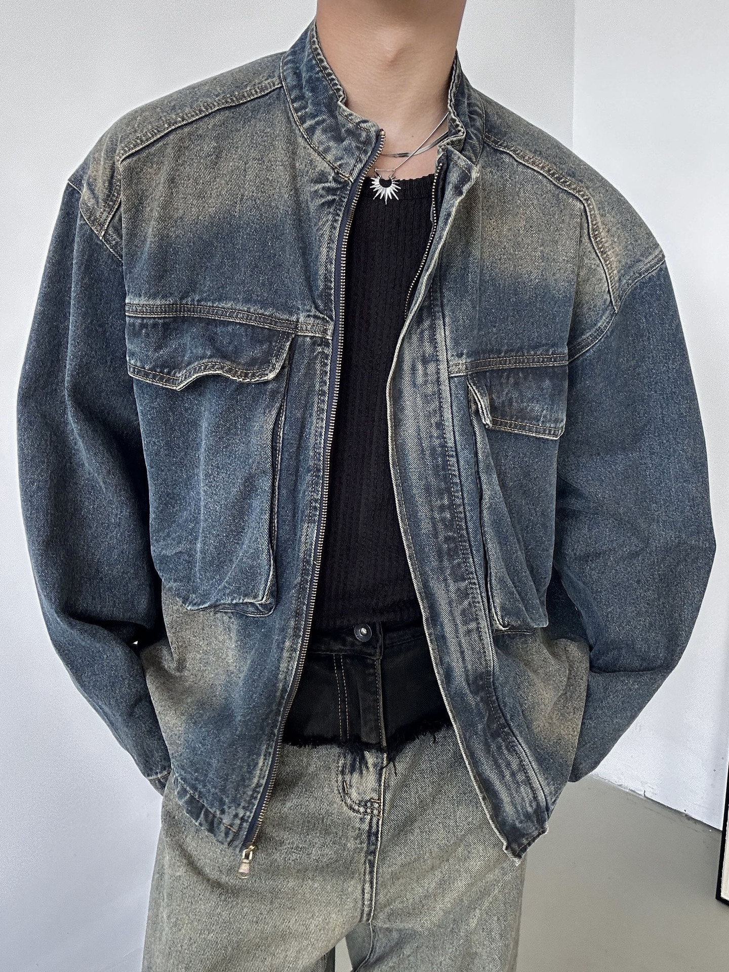 Otoño 2023 nostálgico azul retro flojo gran bolsillo del collar soporte Denim coat hombres casual zipper chaqueta de moda superior