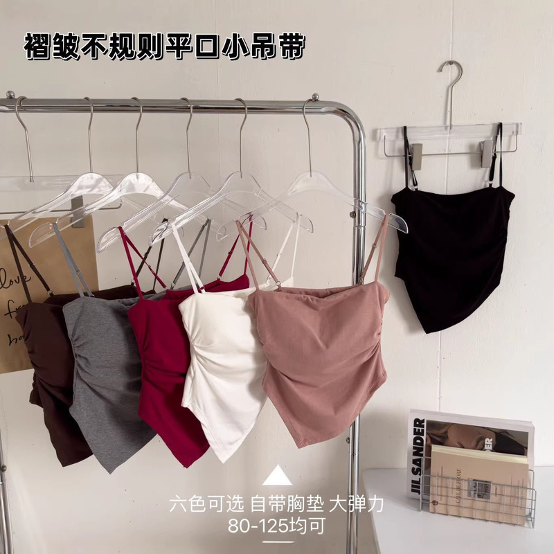 Spring and Summer Spicy Girl Style Irregular Pleated Camisole with Chest Pads, Beautiful Back Design, Slim Fit, Flattering Base Top