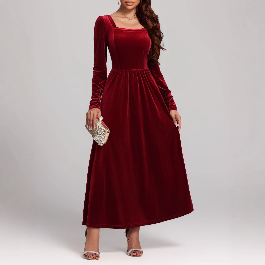 Cross-Border Amazon Foreign Trade European and American 2025 Autumn and Winter New French-Style Elegant Evening Dress Long Skirt Gold Velvet Dress