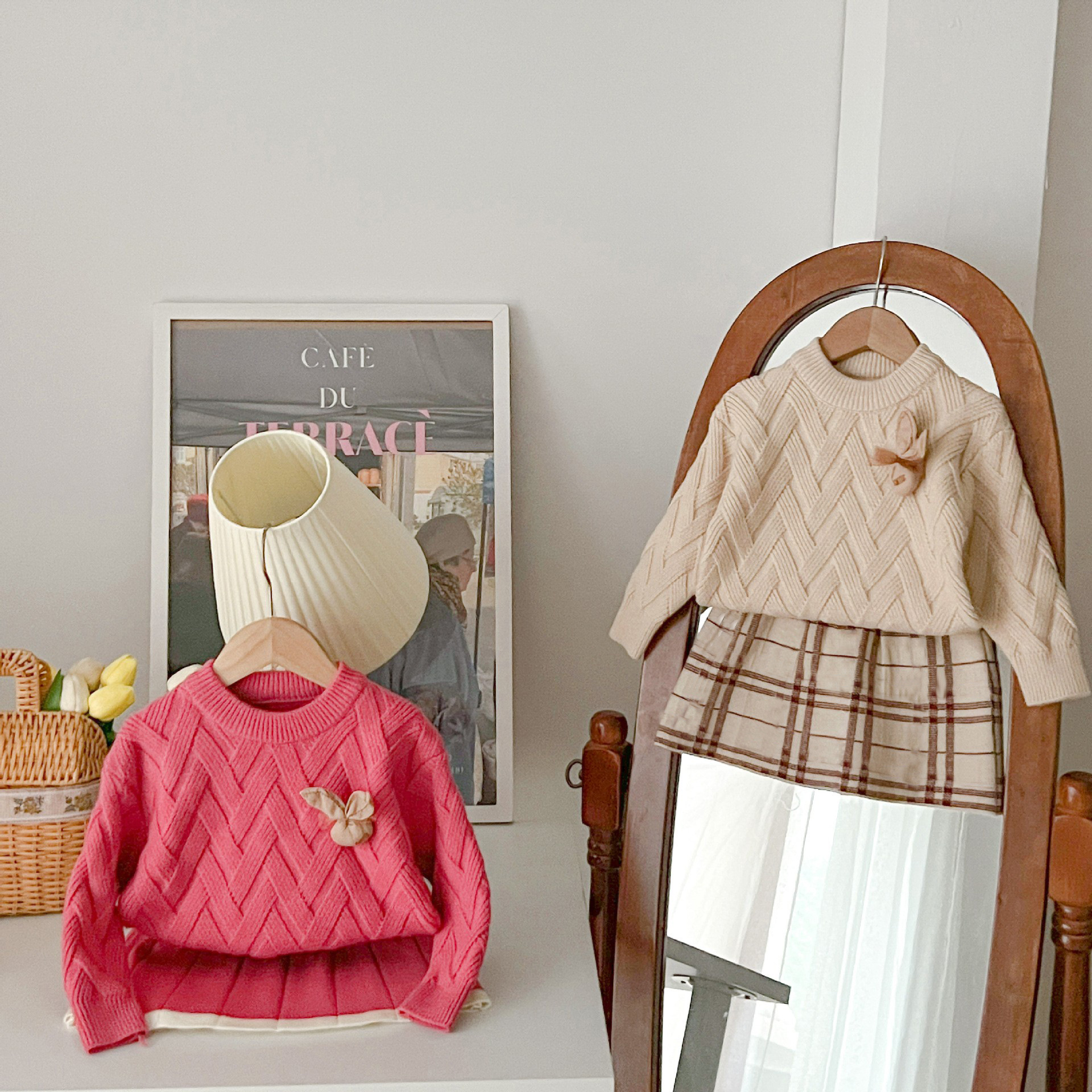 女童毛衣套裙秋冬天新款纯色小兔头针织两件套女宝宝反领长袖洋气