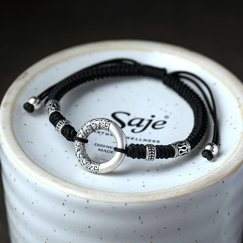 Vintage Silver Xiangyun Ping An Buckle Red Rope Bracelet Adjustable Hand-woven Black Men's and Women's Good Luck