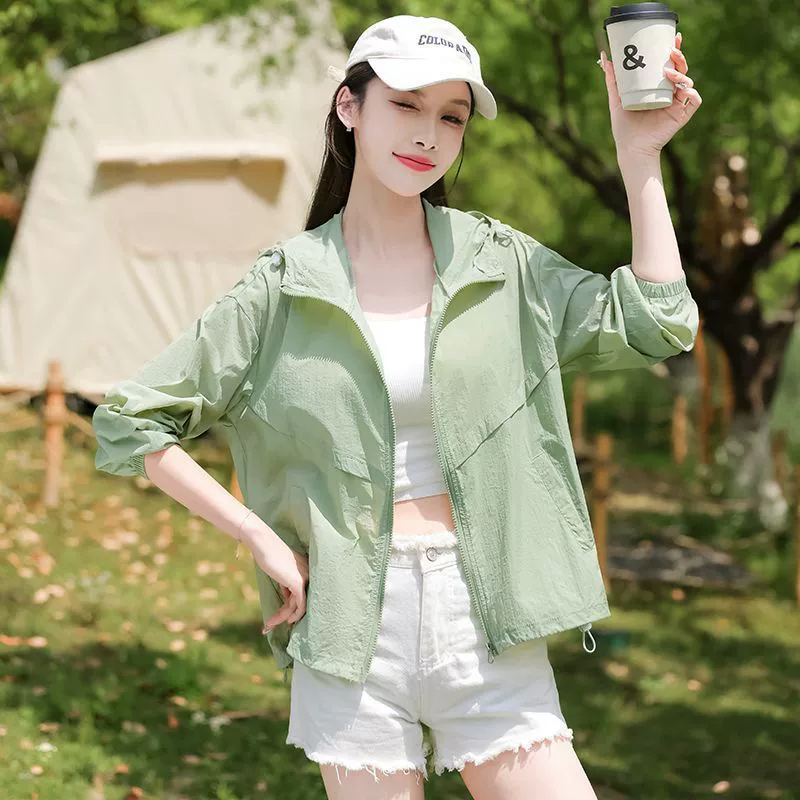 клетчатая и универсальная солнцезащитная одежда для женщин летом, легкая и дышащая солнцезащитная одежда, свободная солнцезащитная одежда с капюшоном, куртка с длинными рукавами