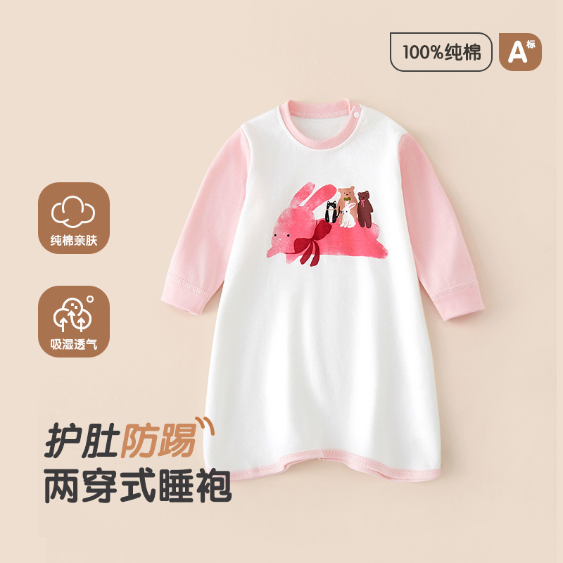 男童女童纯棉睡裙防踢家居服宝宝秋季睡袍衣服婴儿春秋连体衣睡衣
