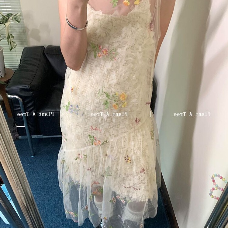 Mesh Embroidered Sleeveless Dress Women's Summer Loose Layered Overskirt Vest Dress