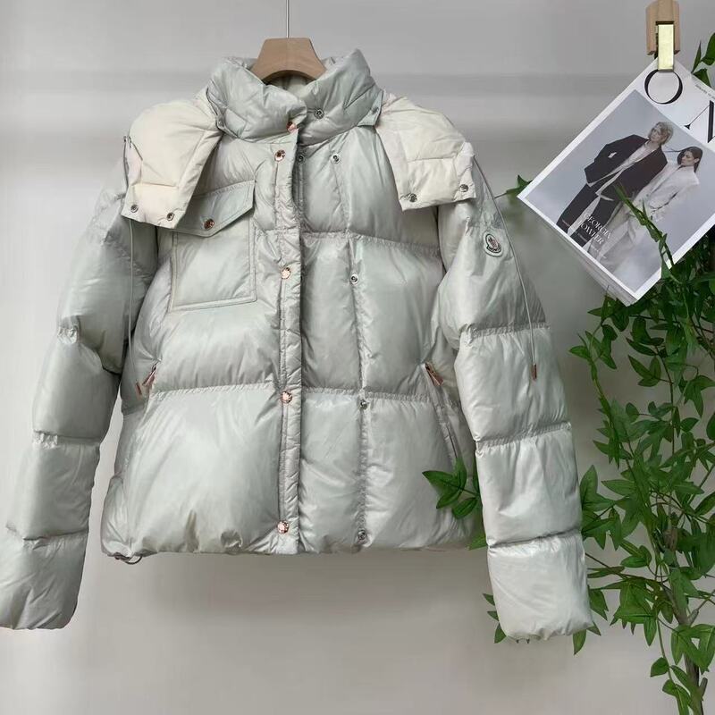 Shiny detachable hooded short down jacket for women, multi-pocket, horizontal quilting, white duck down, thickened for autumn and winter