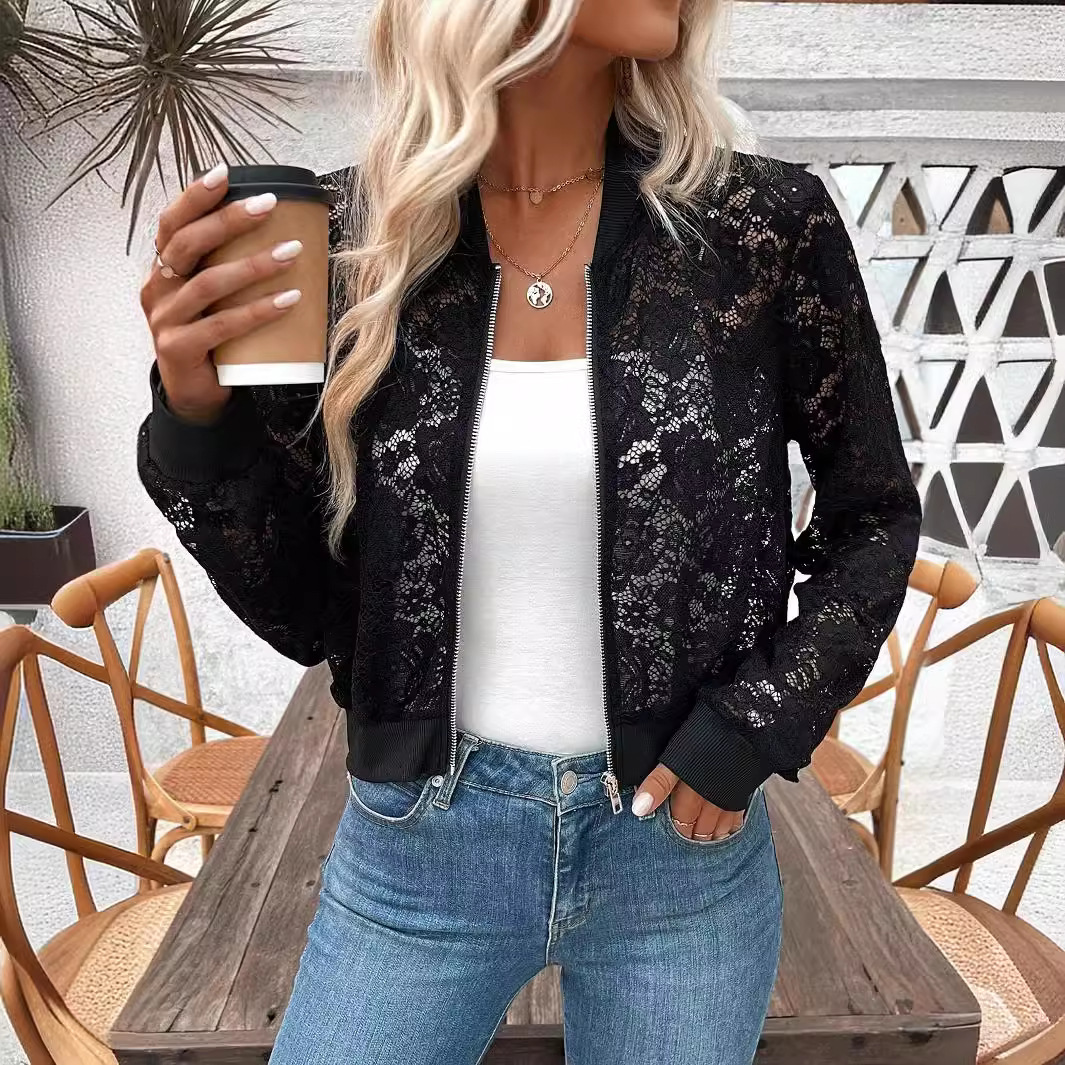 European and American cross-border spring 2025 new elegant women's jacquard lace perspective zipper short jacket top jacket