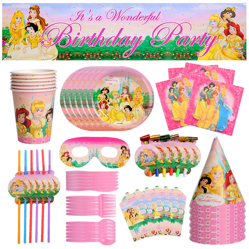 Cross-border Princess Theme Party Children's Birthday Party Decoration Arrangement Disposable Paper Cup Paper Plate Tableware suit