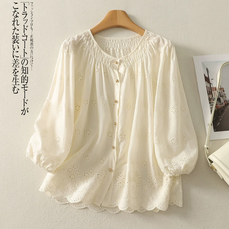 YS8 настоящий запас · Изысканная однобортная рубашка с художественной полой вышивкой, топ из хлопка и льна с рукавами три четверти в ленивом стиле