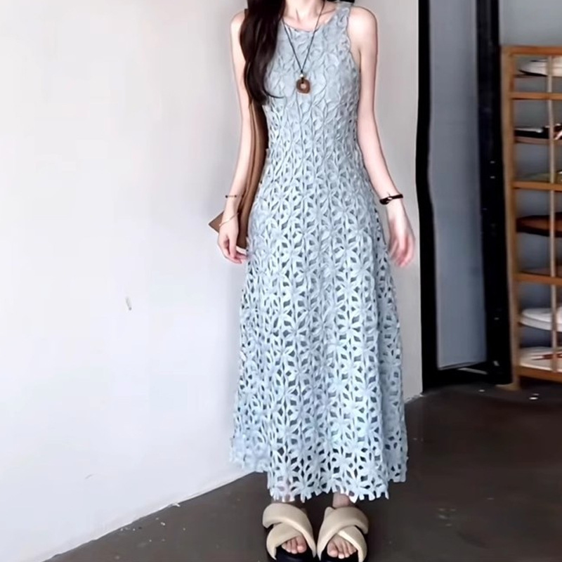 ミント風味の夏フレンチヘビー立体フラワー中空ドレス女性のための 2025 夏の新しいノースリーブスカート|undefined