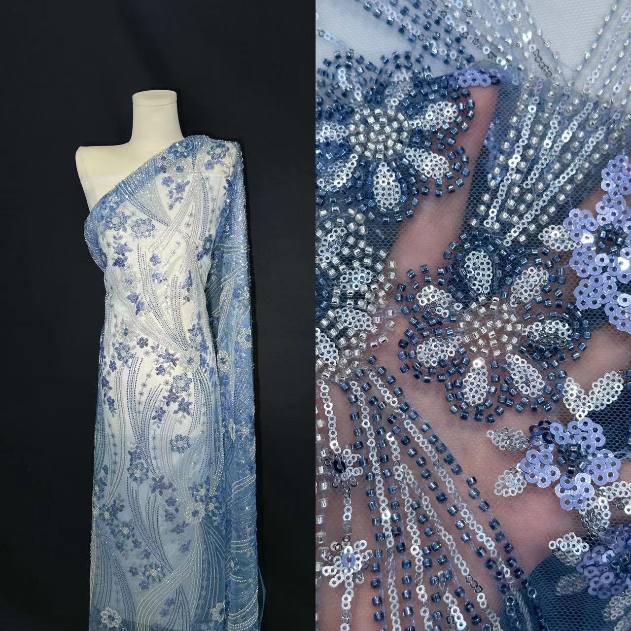 Vestido de boda francés bordado tubo de perlas vestido de boda pesado cheongsam vestido de noche vestido de encaje tela bordada en stock
