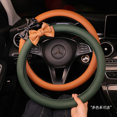 Car steering wheel cover for women, all-season universal bowknot full leather steering wheel cover for ladies, cute anti-slip interior accessory