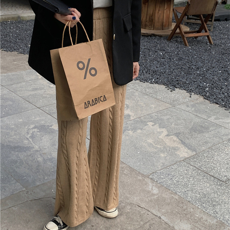 Women's Clothing Retro twisted knit wide leg pants for women autumn and winter new high waist slim loose straight mopping pants casual trousers thick_voghion.com