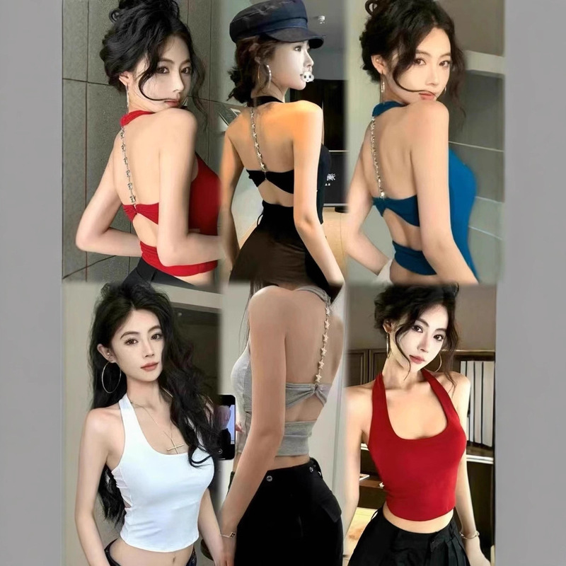 2026 Summer New Style Pure Desire Halter Neck Back Chain Rhinestone Backless Short-Sleeve Design Tank Top with Built-In Bra Pads