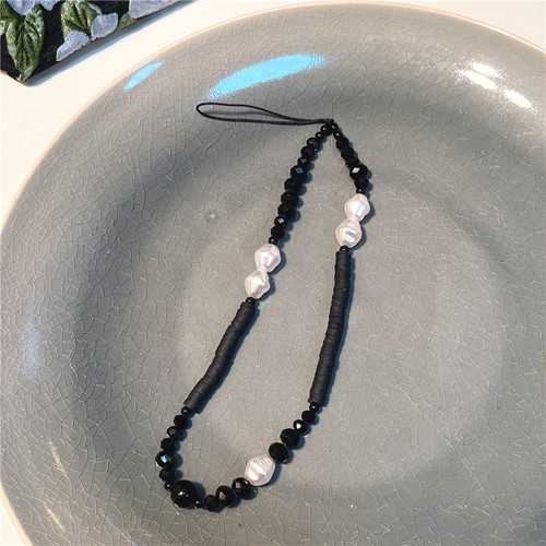 Korean style ins style new black smiley face mobile phone lanyard mobile phone case beaded love smile square mobile phone chain