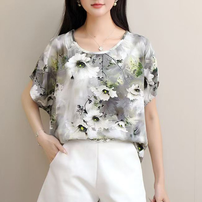 Cross-Border Summer Plus-Size Loose Women's Tops Printed Short-Sleeved Women's T-Shirts Cotton Shirts Casual Mom Wear Special Price