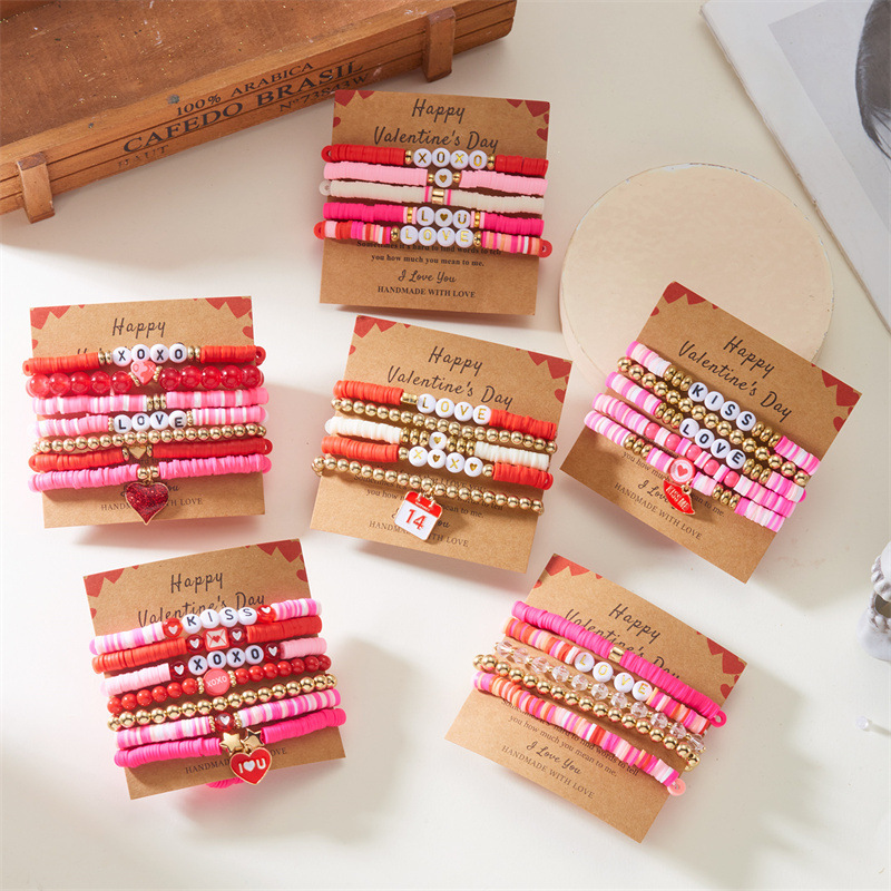 Cross-Border Hot Selling Love Soft Clay Valentine's Day Bracelet Set Pink Acrylic Letter Bead Bracelet Jewelry for Women Cross-Border Hot Selling Love Soft Clay Valentine's Day Bracelet Set Pink Acrylic Letter Bead Bracelet Jewelry for Women
