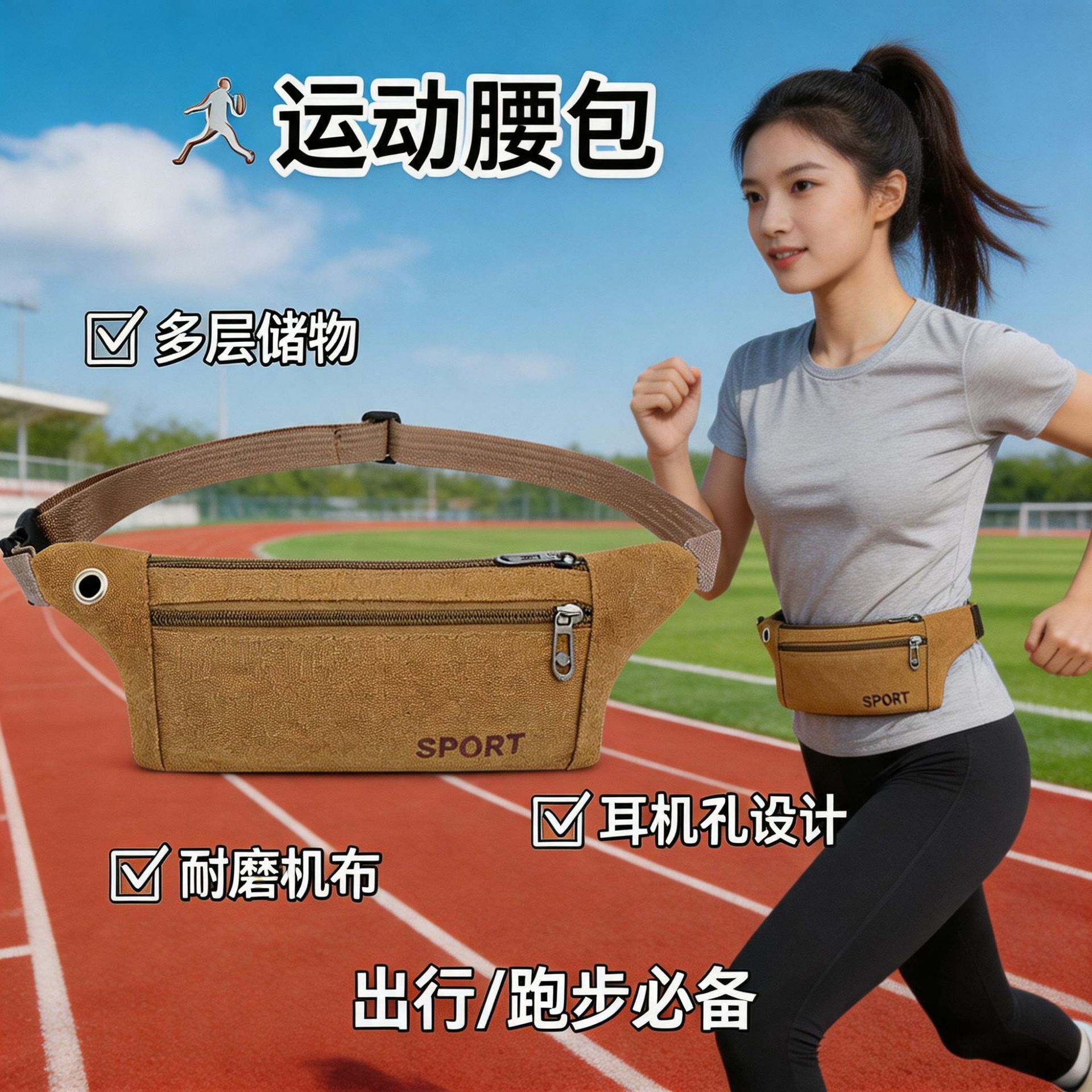 Manufacturer Wholesale Three-Layer Sports Canvas Waist Bag with Large Capacity and Multi-Function Outdoor Close-Fitting Running and Leisure Mobile Phone Bag