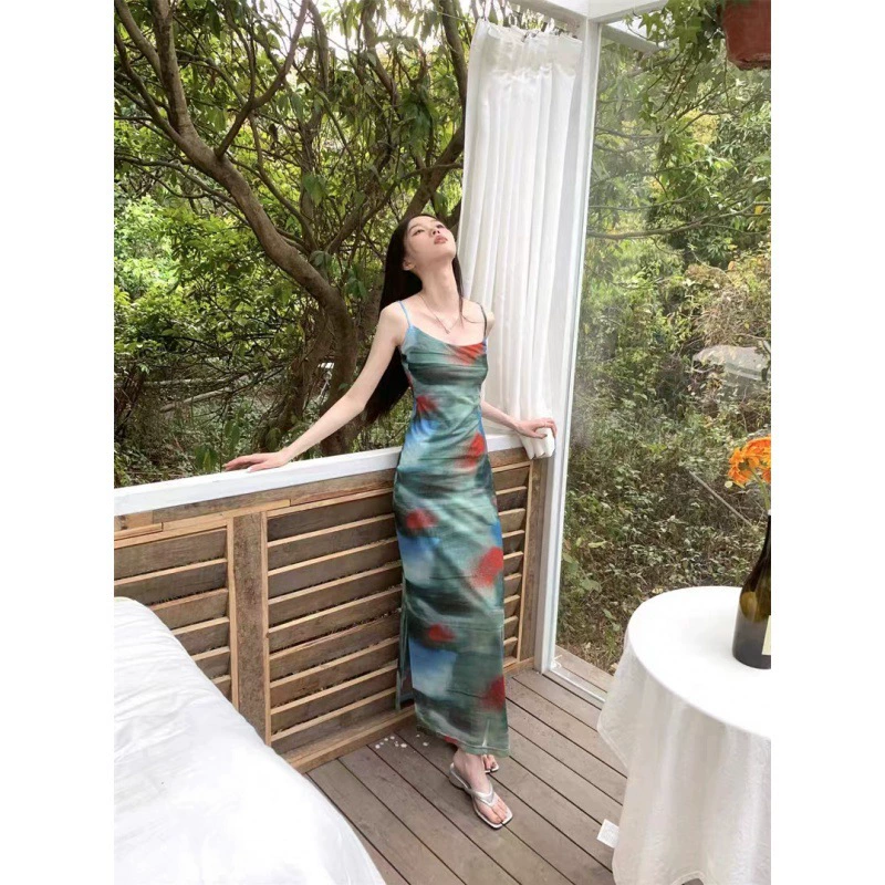 Летнее французское Ретро пряное приталенное сексуальное платье-слинг с принтом для девочек, женское праздничное платье миди без рукавов