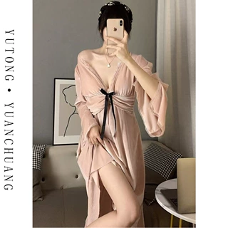 金丝绒睡衣女性感睡裙长款秋冬季长袖蕾丝纯欲宫廷风家居服带胸垫